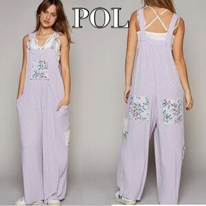 POL Ribbed Knit Loose Fit Jumpsuit with Lace and Floral Detail Size Medium NWOT
